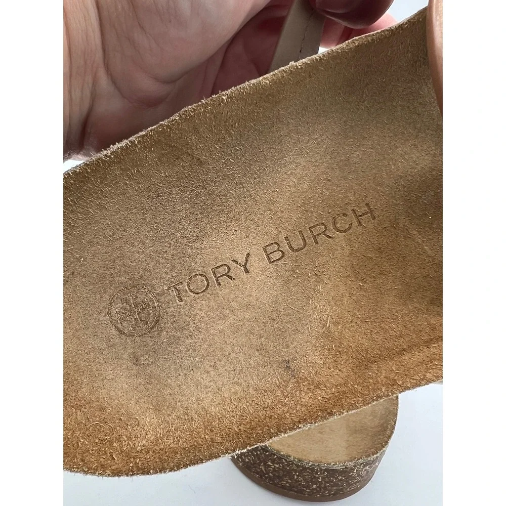 Tory Burch Miller Cloud Leather Thong Sandals Brown Cream Cork Insole Sz 10 EUC